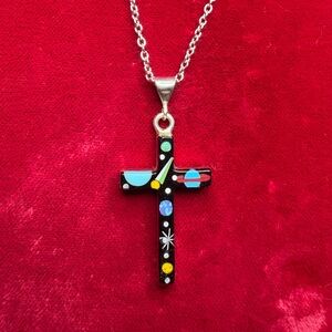 Cross Pendant Southwestern Zuni Design Celestial Inlaid Gemstones